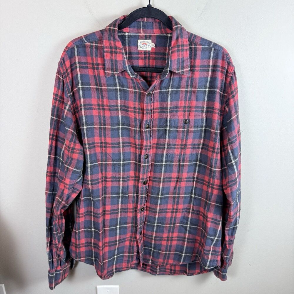 Faherty Brand Mens Red Blue Plaid Flannel Button Down Shirt XL Pocket